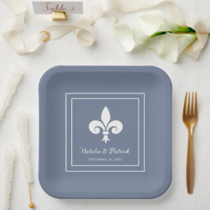 Dusty Blue Fleur de Lis Wedding Paper Plates