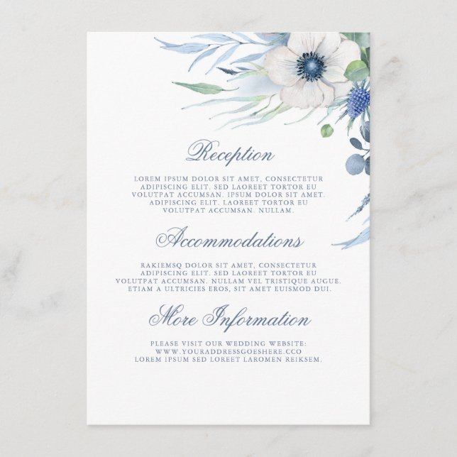 Dusty Blue Flora Wedding Details Information Guest Enclosure Card (Front)