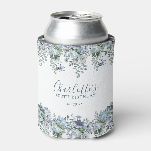 Dusty Blue Floral 100th Birthday Custom Can Cooler (Can Front)