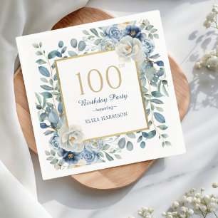 Dusty Blue Floral 100th Birthday Napkin