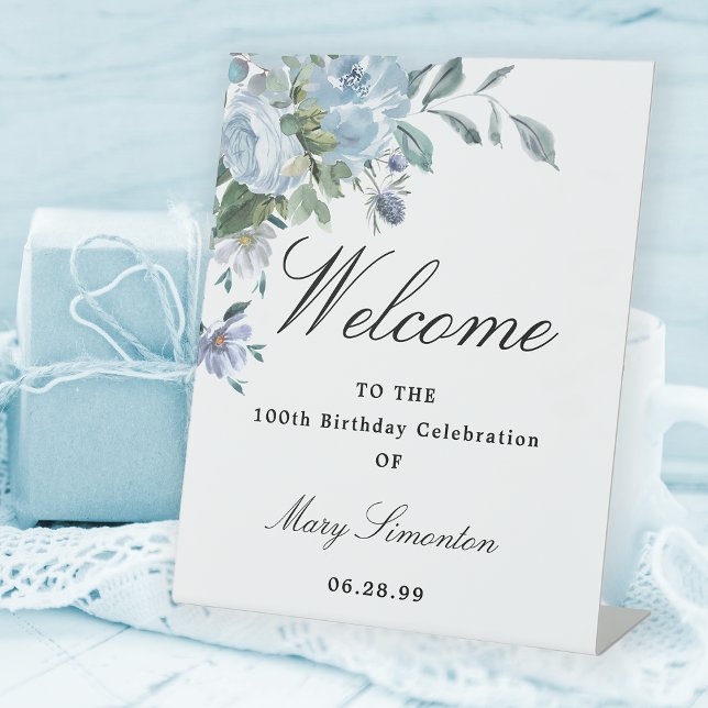 Dusty Blue Floral 100th Birthday Party Welcome Pedestal Sign (Creator Uploaded)