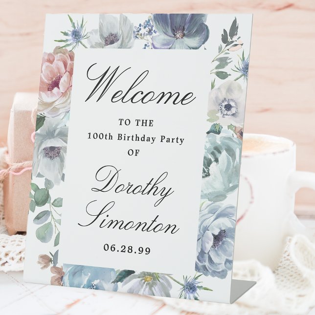 Dusty Blue Floral 100th Birthday Party Welcome Pedestal Sign (Creator Uploaded)