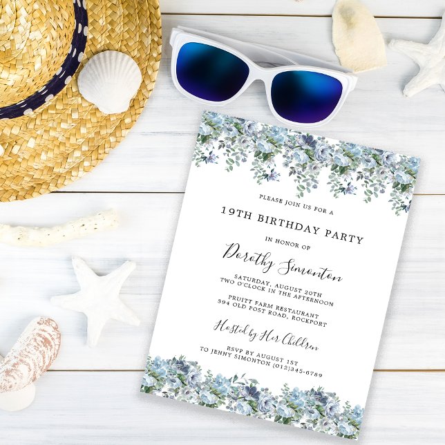 Dusty Blue Floral 19th Birthday Party Invitation (Creator Uploaded)