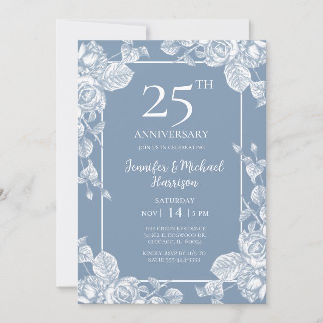 Dusty Blue Floral 25th Anniversary Invitation (Front)