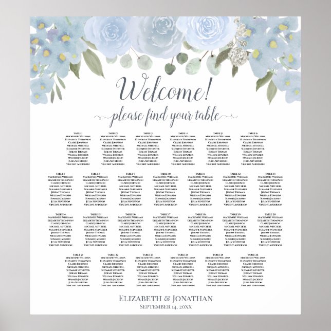 Dusty Blue Floral 26 Table Wedding Seating Chart (Front)