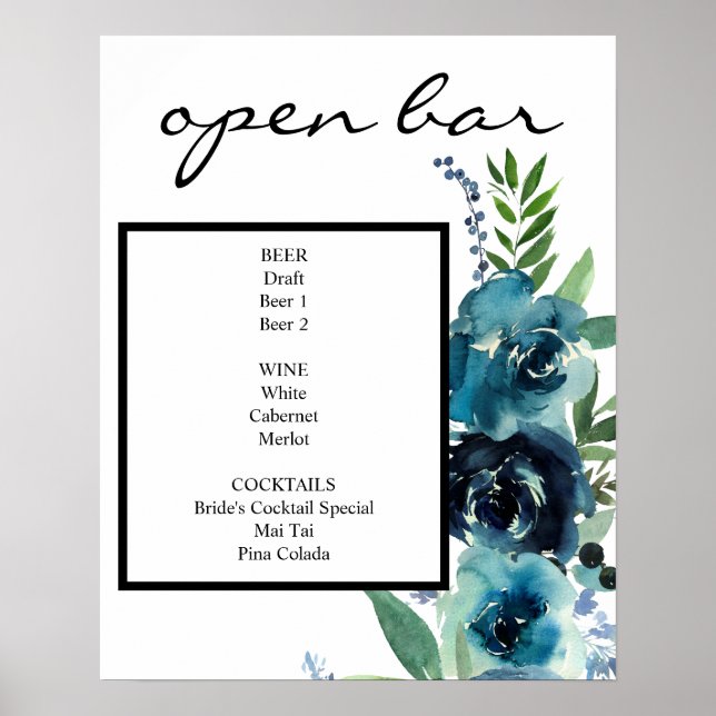 Dusty Blue Floral 2 Bar Sign Poster (Front)