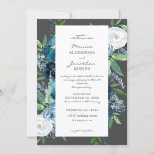 Dusty Blue Floral 2 Grey Wedding Invitation