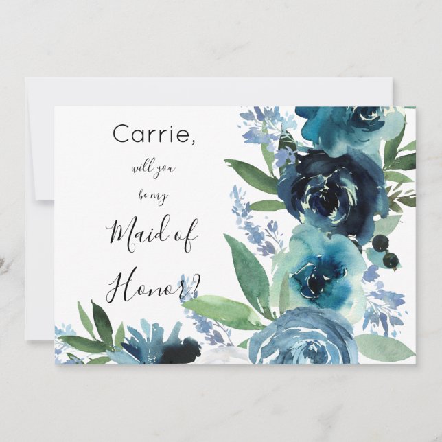 Dusty Blue Floral 2 Maid of Honour Matron Flower Invitation (Front)