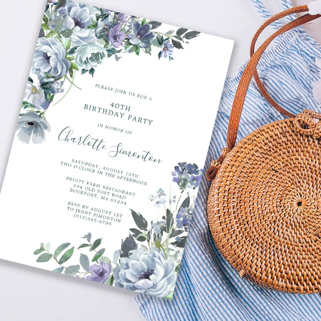 Dusty Blue Floral 40th Birthday Party Invitation (Creator Uploaded)