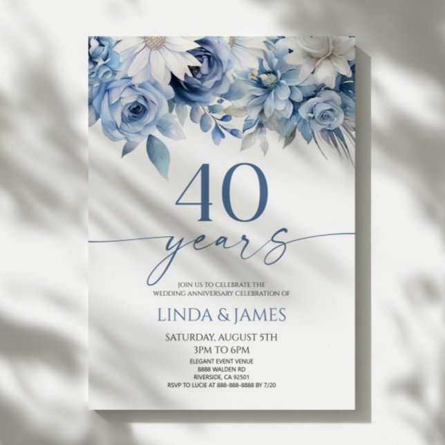 Dusty Blue Floral 40th Wedding Anniversary Invitation (Creator Uploaded)