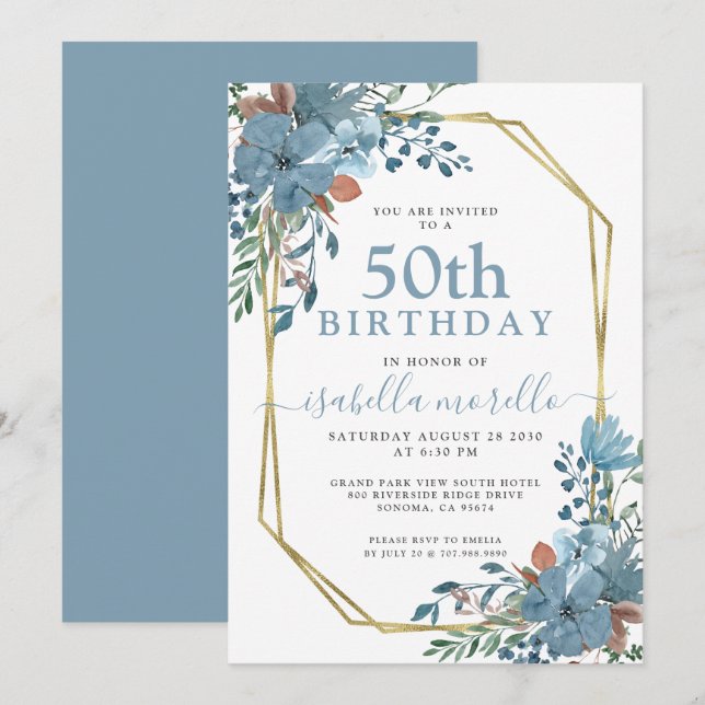 Dusty Blue Floral 50th Birthday Invitation (Front/Back)