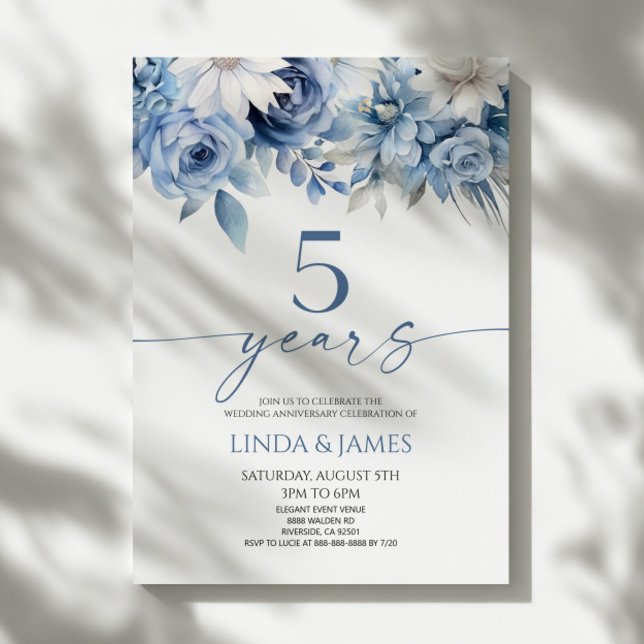 Dusty Blue Floral 5th Wedding Anniversary Invitation (Creator Uploaded)