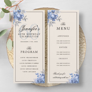 Dusty Blue Floral 60th Birthday Program Menu Cream Invitation