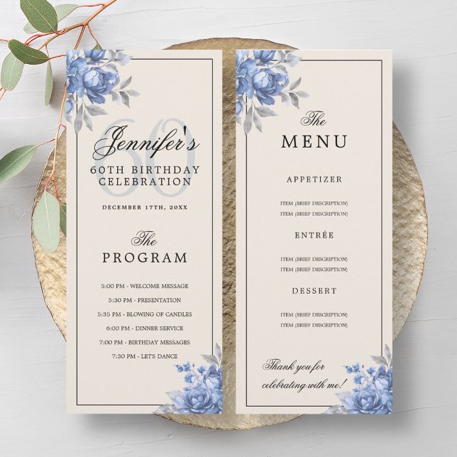 Dusty Blue Floral 60th Birthday Program Menu Cream Invitation (Dusty Blue Floral 60th Birthday Program Menu Cream)