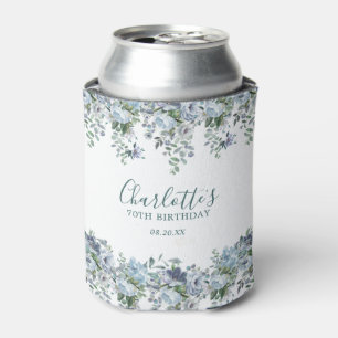 Dusty Blue Floral 70th Birthday Custom Can Cooler