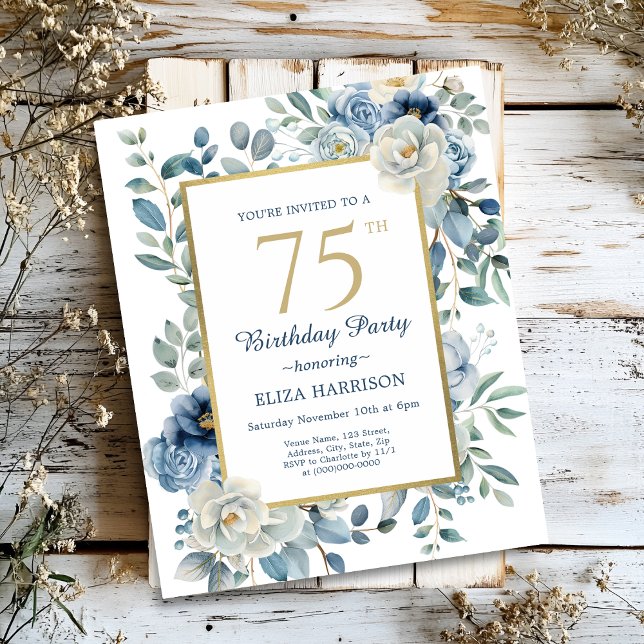 Dusty Blue Floral 75th Birthday Budget Invitation (Creator Uploaded)