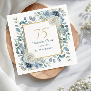 Dusty Blue Floral 75th Birthday Napkin