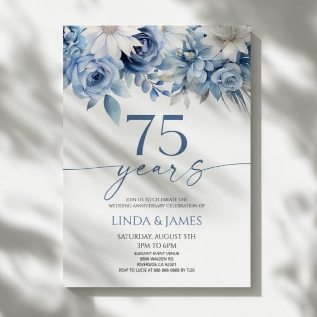Dusty Blue Floral 75th Wedding Anniversary Invitation (Creator Uploaded)