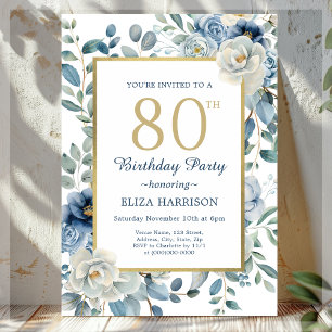 Dusty Blue Floral 80th Birthday Invitation