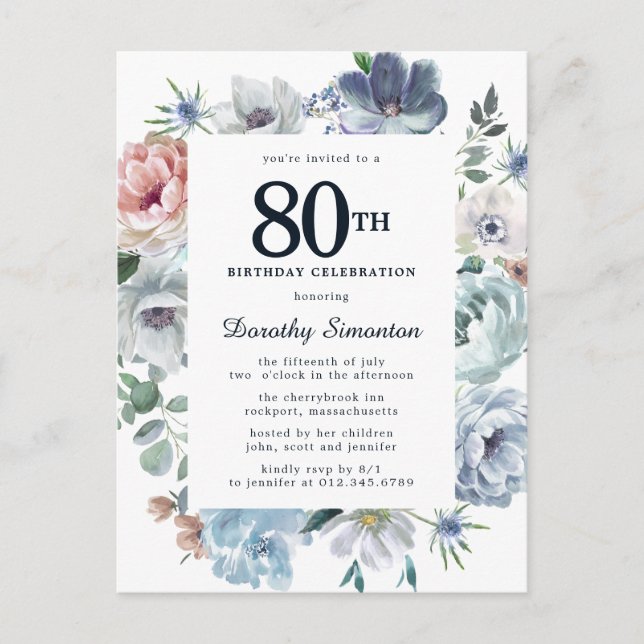 Dusty Blue Floral 80th Birthday Invitation Postcard (Front)