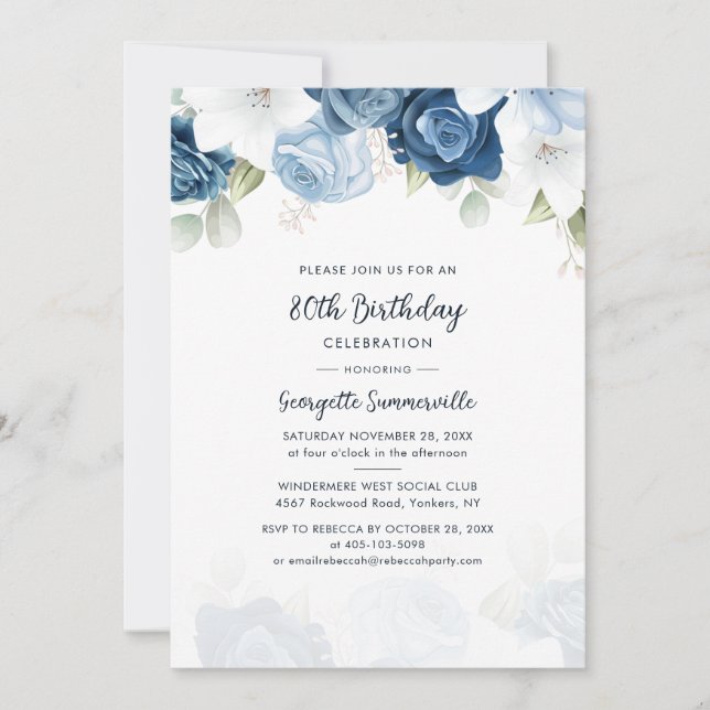 Dusty Blue Floral 80th Birthday Party Invitation (Front)