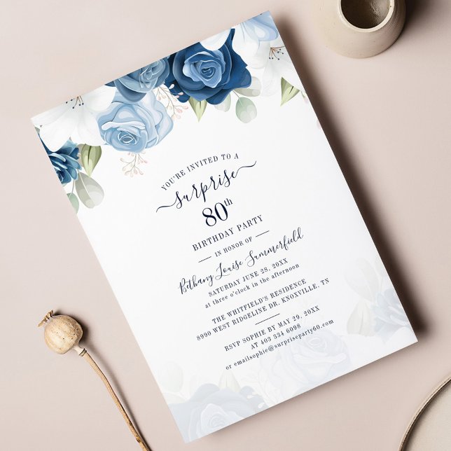 Dusty Blue Floral 80th Birthday Party Invitation (Modern Dusty Blue 80th Birthday Party Invitation)