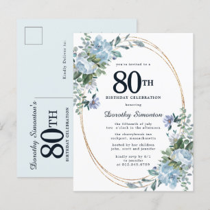 Dusty Blue Floral 80th Birthday Pretty Invitation 