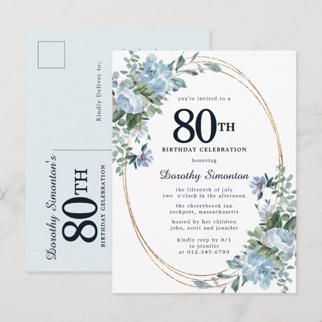 Dusty Blue Floral 80th Birthday Pretty Invitation  (Front/Back)