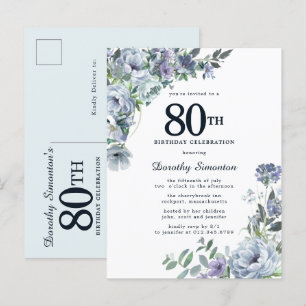 Dusty Blue Floral 80th Birthday Pretty Invitation Postcard