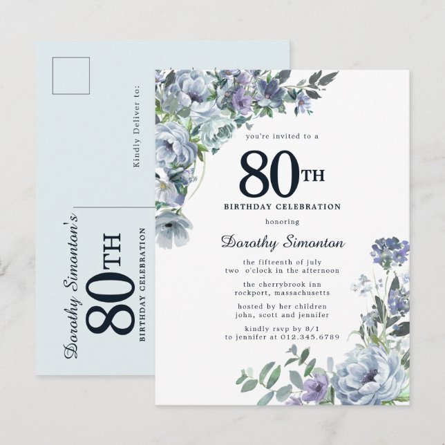 Dusty Blue Floral 80th Birthday Pretty Invitation Postcard (Front/Back)
