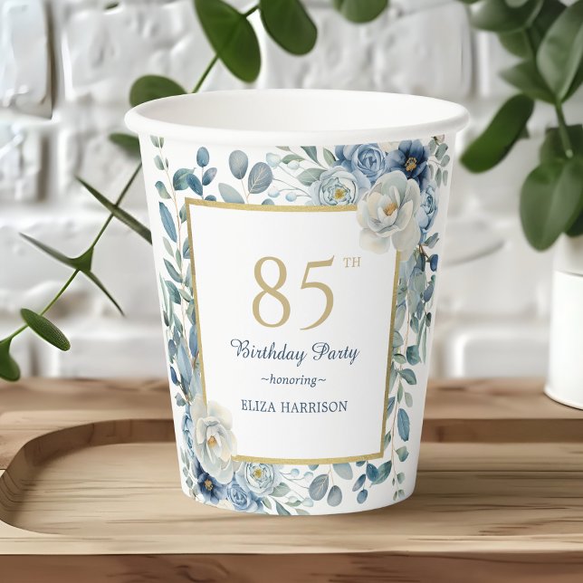 Dusty Blue Floral 85th Birthday Paper cup (Creator Uploaded)