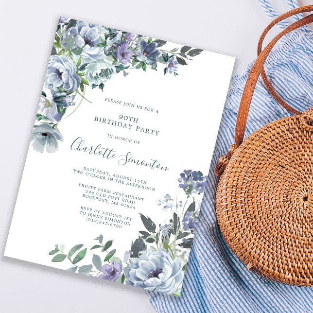 Dusty Blue Floral 90th Birthday Party Invitation (Creator Uploaded)