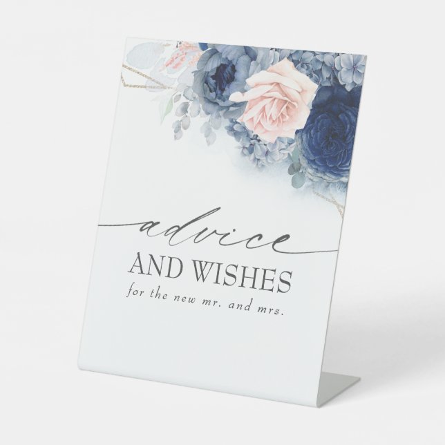 Dusty Blue Floral Advice and Wishes Wedding Pedestal Sign (Front)