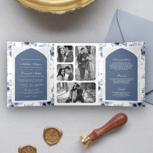 Dusty Blue Floral All in One Lace Indian Wedding Tri-Fold Invitation