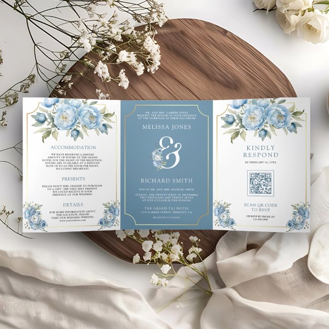 Dusty Blue Floral Ampersand All in One Wedding Tri-Fold Invitation (Creator Uploaded)