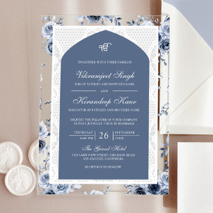 Dusty Blue Floral Anand Karaj Punjabi Sikh Wedding Acrylic Invitations