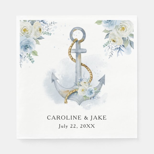 Dusty Blue Floral Anchor Nautical Wedding Napkin (Front)