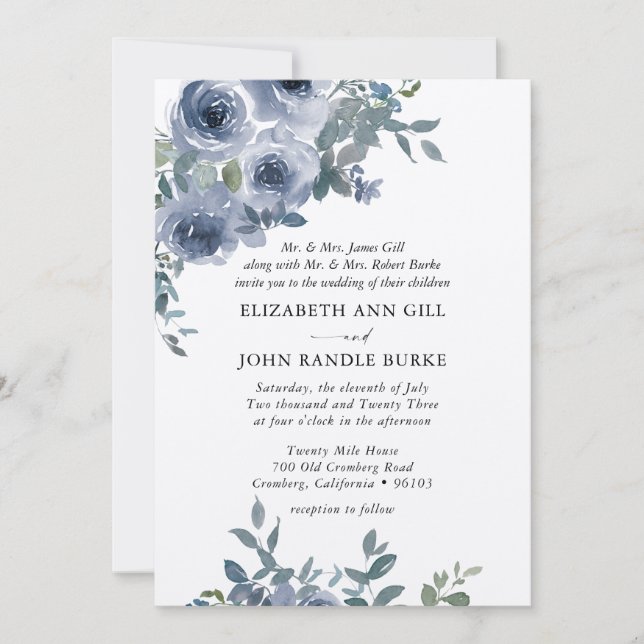 Dusty Blue Floral and Black Formal Wedding Invite (Front)