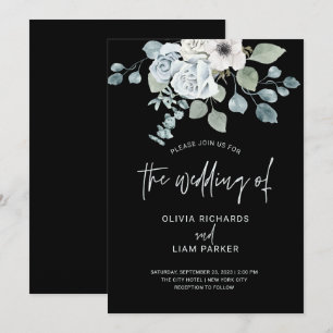 Dusty Blue Floral and Eucalyptus on Black Wedding Invitation