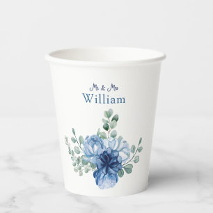 Dusty Blue Floral and Eucalyptus Wedding Paper Cups
