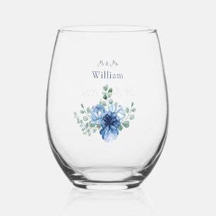 Dusty Blue Floral and Eucalyptus Wedding Stemless Wine Glass