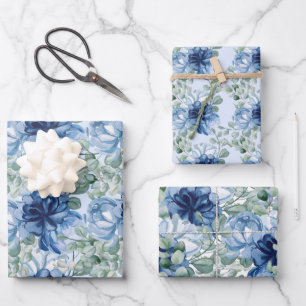 Dusty Blue Floral and Eucalyptus Wedding Wrapping Paper Sheet