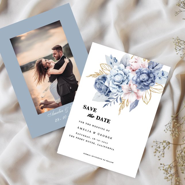 Dusty blue floral and greenery Save The Date Card (Creator Uploaded)
