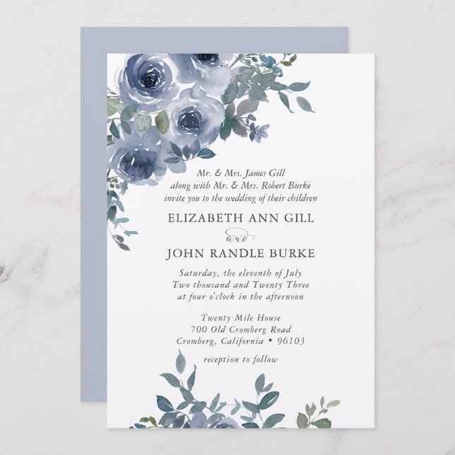 Dusty Blue Floral and Grey Formal Wedding Invite (Front/Back)