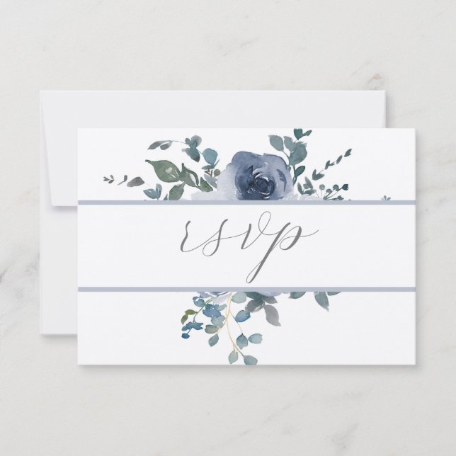 Dusty Blue Floral and Grey Wedding RSVP Invitation (Front)
