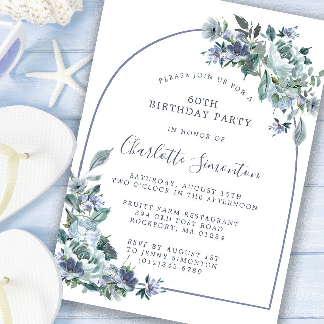 Dusty Blue Floral Arch 60th Birthday Invitation (Creator Uploaded)
