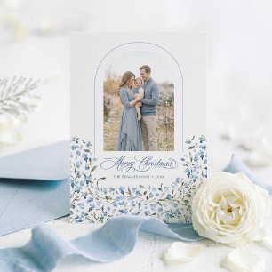 Dusty Blue Floral Arch Elegant Christmas Photo Holiday Card