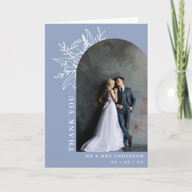Dusty Blue Floral Arch Photo Wedding Folded Thank You Card (Front)