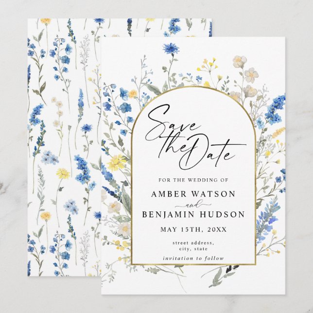 Dusty Blue Floral Arch Wedding Save The Date Invitation (Front/Back)