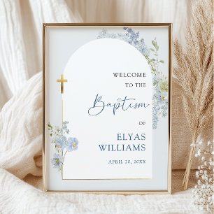 Dusty Blue Floral Arched Boy Baptism Welcome Sign